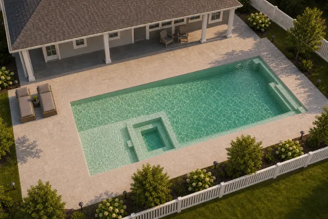 Daytime render of the The Exquisite 40 fiberglass pool with cantilever coping and a Beach Sand interior, seen from above at an angle.
