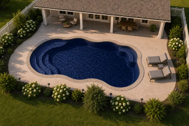 Daytime render of the Aruba fiberglass pool with stone coping and a Night Sky interior, seen from above at an angle.