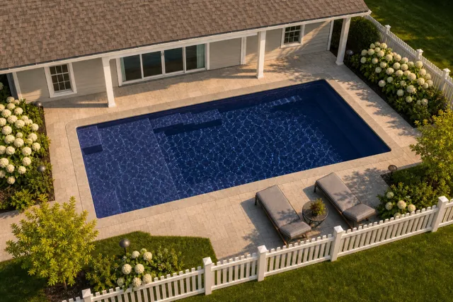 Daytime render of the Enchantment 9.17 fiberglass pool with stone coping and a Night Sky interior, seen from above at an angle.
