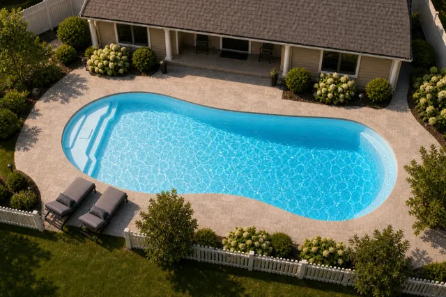 Daytime render of the Titus 1433 fiberglass pool with stone coping and a Caribbean Sparkle interior, seen from above at an angle.