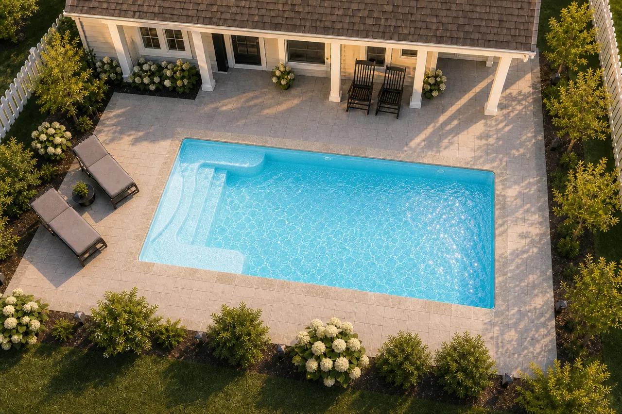 Daytime render of the Sea Turtle fiberglass pool with stone coping and a Caribbean Sparkle interior, seen from above at an angle.