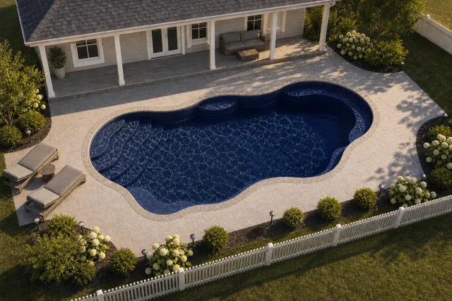 Daytime render of the Bermuda 12 fiberglass pool with stone coping and a Night Sky interior, seen from above at an angle.
