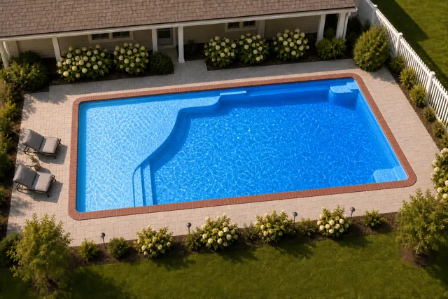 Daytime render of the Grace Beach Entry 1640 fiberglass pool with brick coping and a California interior, seen from above at an angle.