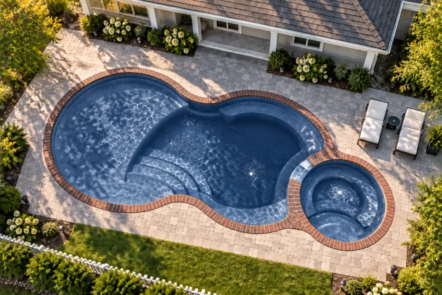 Daytime render of the Axiom 14 Deluxe fiberglass pool with brick coping and a Ocean Blue interior, seen from above at an angle.