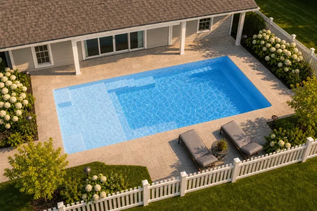 Daytime render of the Enchantment 9.17 fiberglass pool with cantilever coping and a Sapphire Blue interior, seen from above at an angle.