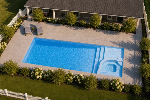 Daytime render of the Cayman 14 Deluxe fiberglass pool with cantilever coping and a Sapphire Blue interior, seen from above at an angle.