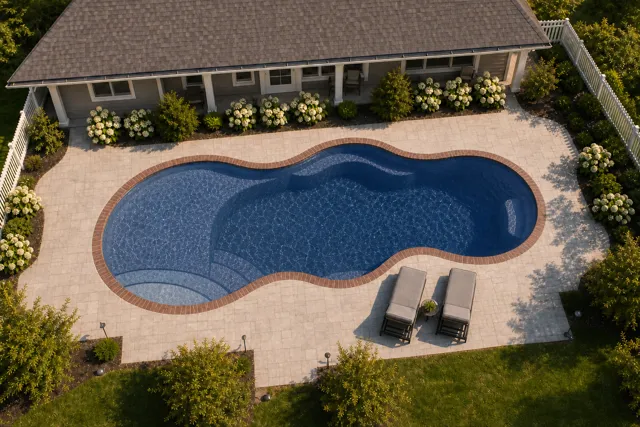 Daytime render of the Axiom 12 fiberglass pool with brick coping and a Ocean Blue interior, seen from above at an angle.