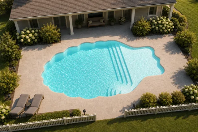 Daytime render of the Pearl 1525 fiberglass pool with cantilever coping and a Arctic Shimmer interior, seen from above at an angle.
