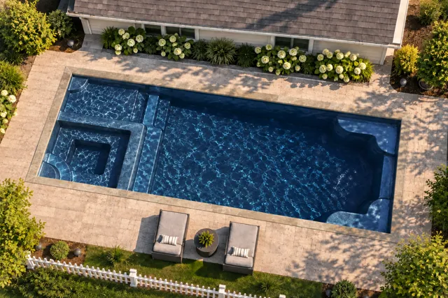 Daytime render of the Astoria 12 fiberglass pool with stone coping and a Night Sky interior, seen from above at an angle.
