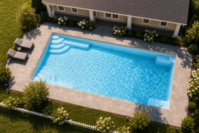 Daytime render of the Goliath 1429 fiberglass pool with stone coping and a Caribbean Sparkle interior, seen from above at an angle.