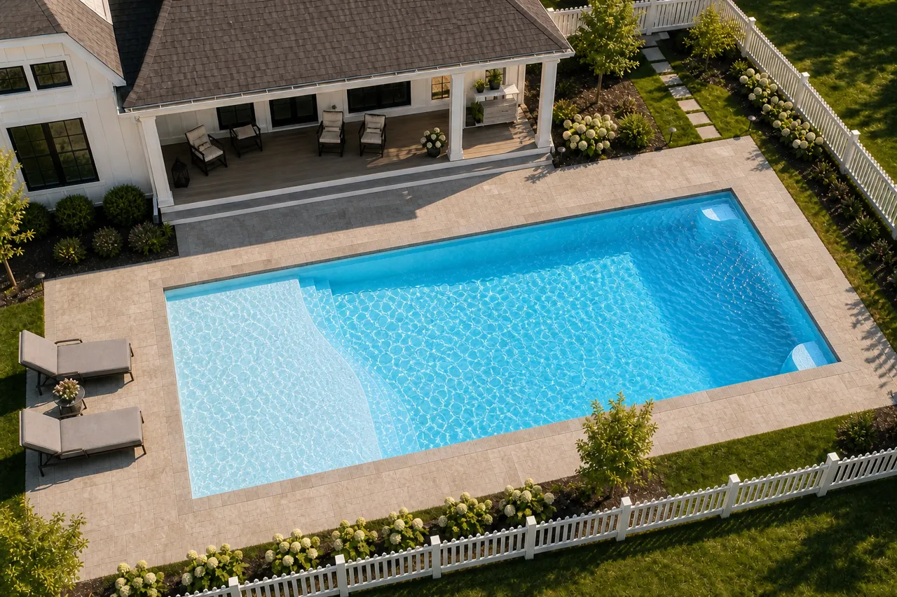 Daytime render of the Grace Beach Entry 1636 fiberglass pool with stone coping and a Caribbean Sparkle interior, seen from above at an angle.
