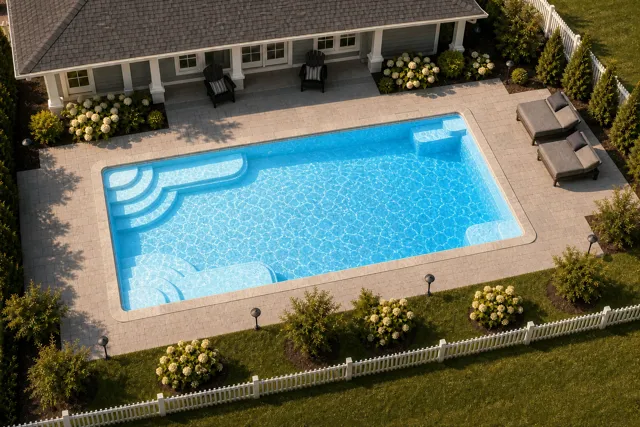 Daytime render of the Goliath 1225 fiberglass pool with stone coping and a Caribbean Sparkle interior, seen from above at an angle.