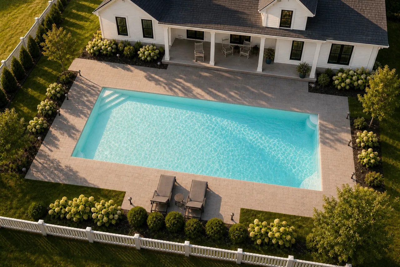 Daytime render of the Monolith 1640 fiberglass pool with cantilever coping and a Arctic Shimmer interior, seen from above at an angle.