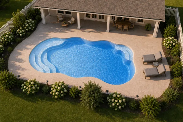 Daytime render of the Aruba fiberglass pool with cantilever coping and a Sapphire Blue interior, seen from above at an angle.
