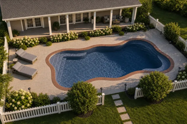 Daytime render of the Cape Cod 14 fiberglass pool with brick coping and a Ocean Blue interior, seen from above at an angle.