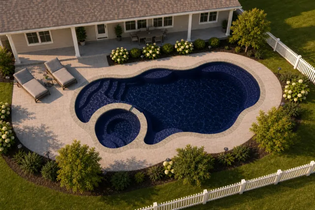 Daytime render of the Bermuda 12 Deluxe fiberglass pool with stone coping and a Night Sky interior, seen from above at an angle.