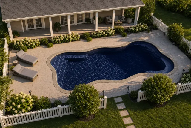 Daytime render of the Cape Cod 14 fiberglass pool with stone coping and a Night Sky interior, seen from above at an angle.
