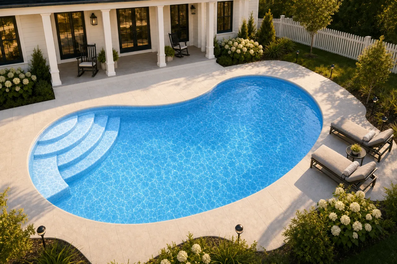 Daytime render of the Jamaica 12 fiberglass pool with cantilever coping and a Sapphire Blue interior, seen from above at an angle.