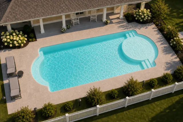Daytime render of the Cathedral LX 1640 fiberglass pool with cantilever coping and a Arctic Shimmer interior, seen from above at an angle.
