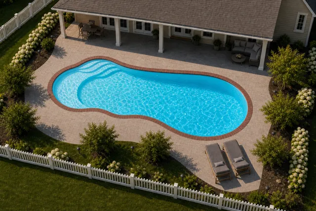Daytime render of the The Fantasy 35 fiberglass pool with brick coping and a Coral Blue interior, seen from above at an angle.