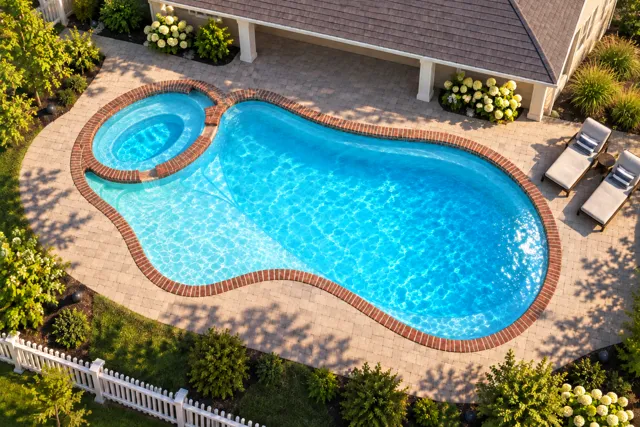 Daytime render of the The Brilliant 30 fiberglass pool with brick coping and a Coral Blue interior, seen from above at an angle.
