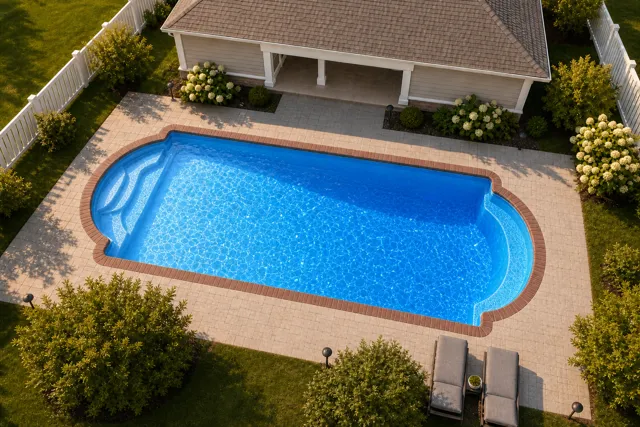 Daytime render of the Cathedral 1433 fiberglass pool with brick coping and a California interior, seen from above at an angle.