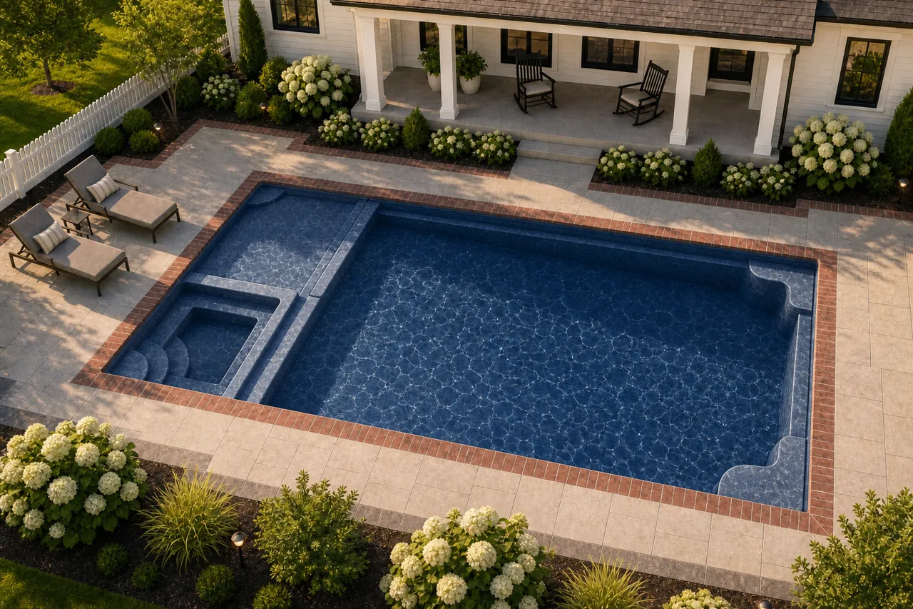 Daytime render of the Astoria 16 fiberglass pool with brick coping and a Ocean Blue interior, seen from above at an angle.