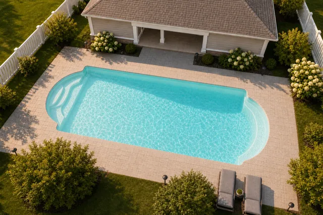 Daytime render of the Cathedral 1433 fiberglass pool with cantilever coping and a Arctic Shimmer interior, seen from above at an angle.