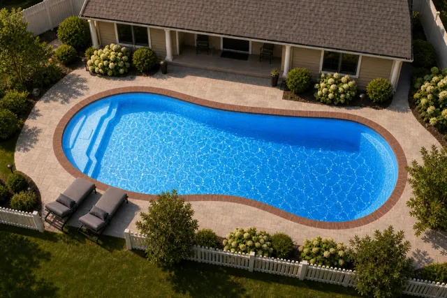 Daytime render of the Titus 1433 fiberglass pool with brick coping and a California interior, seen from above at an angle.