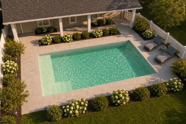 Daytime render of the The Vision 20 fiberglass pool with cantilever coping and a Beach Sand interior, seen from above at an angle.