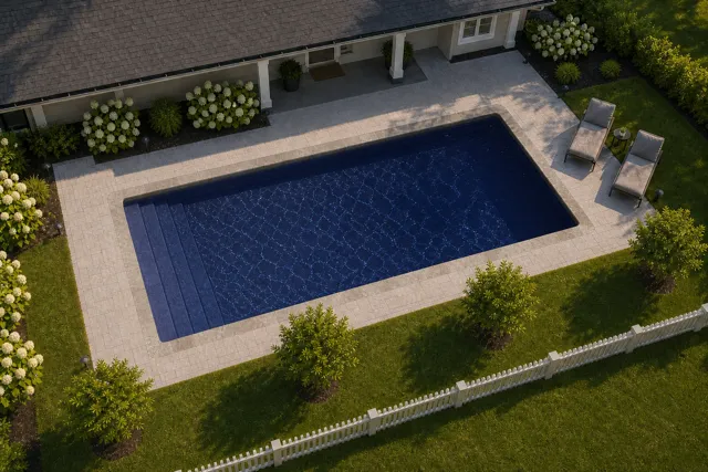 Daytime render of the Lake Shore fiberglass pool with stone coping and a Night Sky interior, seen from above at an angle.