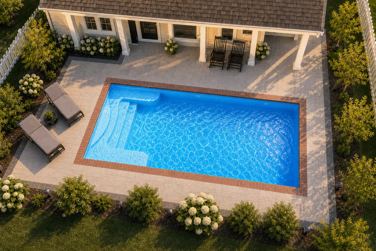Daytime render of the Sea Turtle fiberglass pool with brick coping and a California interior, seen from above at an angle.