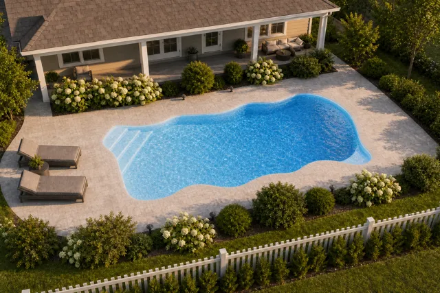 Daytime render of the Key West fiberglass pool with cantilever coping and a Sapphire Blue interior, seen from above at an angle.