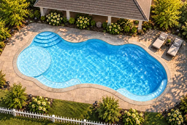 Daytime render of the Wellspring 1636 fiberglass pool with stone coping and a Caribbean Sparkle interior, seen from above at an angle.