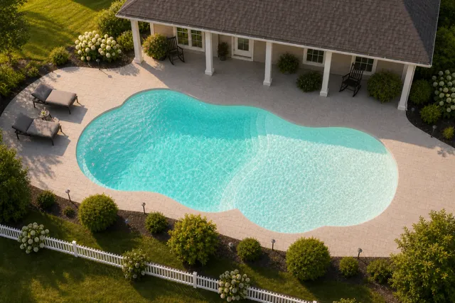 Daytime render of the Sandal Beach Entry 1634.5 fiberglass pool with cantilever coping and a Arctic Shimmer interior, seen from above at an angle.