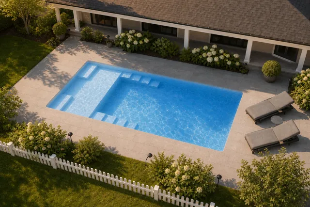 Daytime render of the Enchantment 9.21 fiberglass pool with cantilever coping and a Sapphire Blue interior, seen from above at an angle.