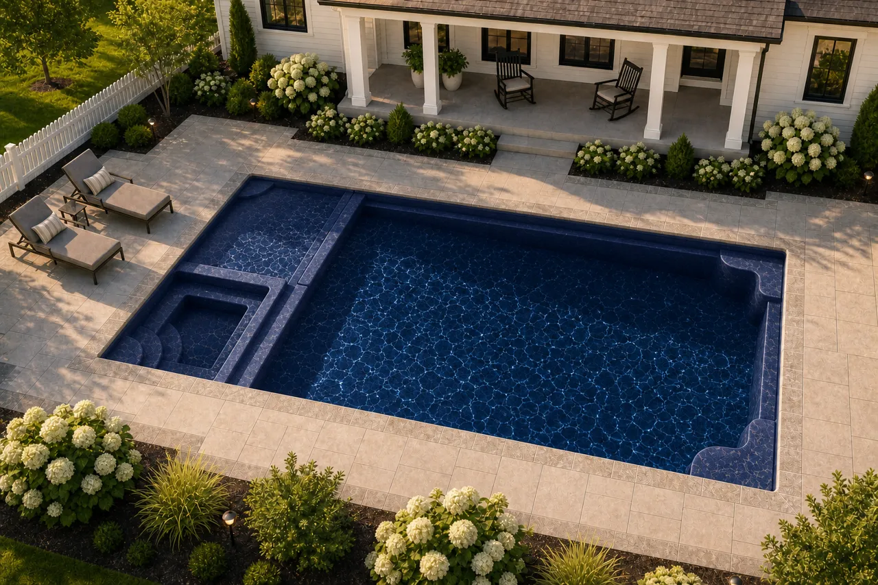 Daytime render of the Astoria 16 fiberglass pool with stone coping and a Night Sky interior, seen from above at an angle.