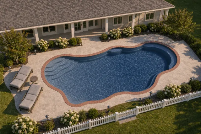 Daytime render of the Bermuda 16.35 fiberglass pool with brick coping and a Ocean Blue interior, seen from above at an angle.