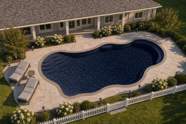 Daytime render of the Bermuda 16.35 fiberglass pool with stone coping and a Night Sky interior, seen from above at an angle.