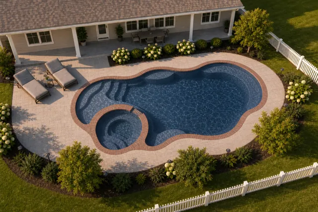 Daytime render of the Bermuda 12 Deluxe fiberglass pool with brick coping and a Ocean Blue interior, seen from above at an angle.