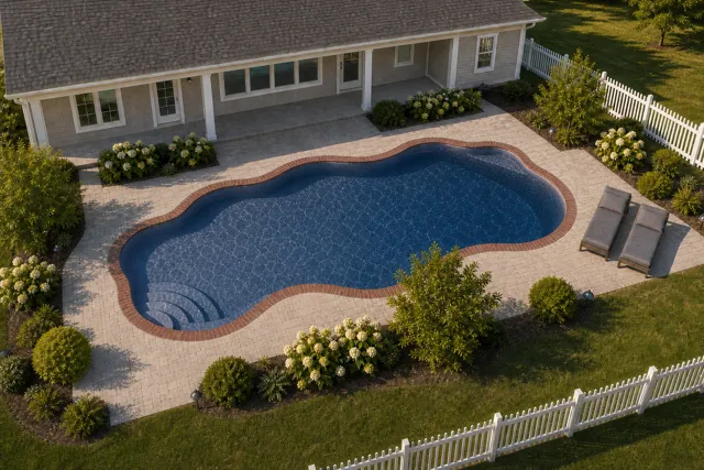 Daytime render of the Coronado fiberglass pool with brick coping and a Ocean Blue interior, seen from above at an angle.