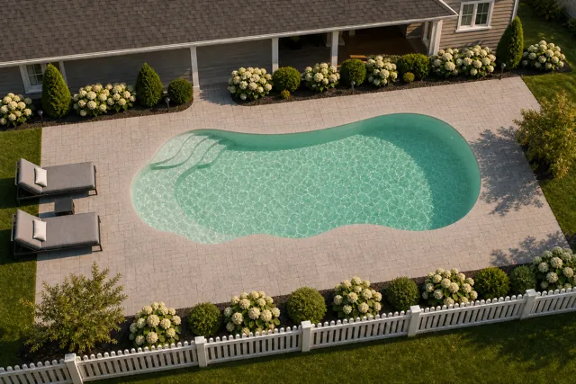 Daytime render of the The Fantasy 30 fiberglass pool with cantilever coping and a Beach Sand interior, seen from above at an angle.