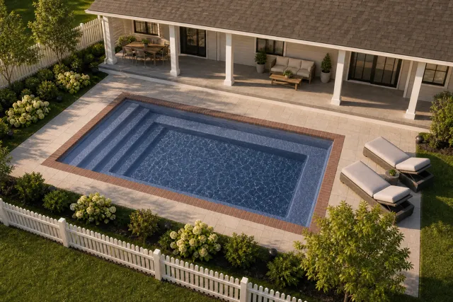Daytime render of the Milan 10.16 fiberglass pool with brick coping and a Ocean Blue interior, seen from above at an angle.