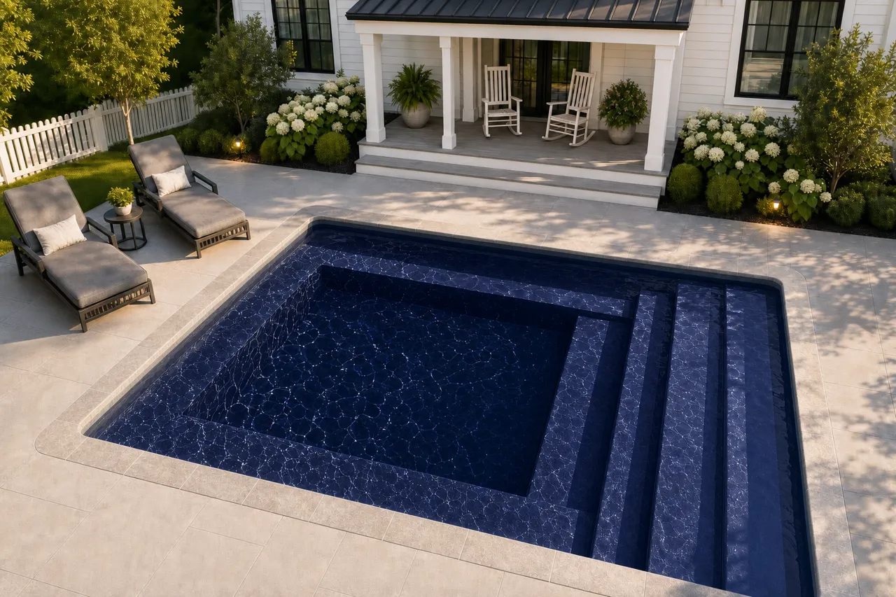 Daytime render of the Milan 8.14 fiberglass pool with stone coping and a Night Sky interior, seen from above at an angle.