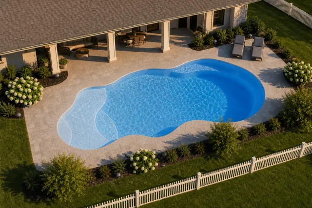 Daytime render of the Fiji fiberglass pool with cantilever coping and a Sapphire Blue interior, seen from above at an angle.