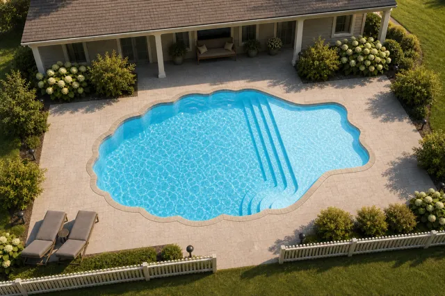 Daytime render of the Pearl 1525 fiberglass pool with stone coping and a Caribbean Sparkle interior, seen from above at an angle.