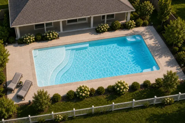 Daytime render of the Aspen 1430 fiberglass pool with stone coping and a Caribbean Sparkle interior, seen from above at an angle.