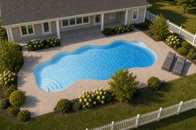 Daytime render of the Coronado fiberglass pool with cantilever coping and a Sapphire Blue interior, seen from above at an angle.