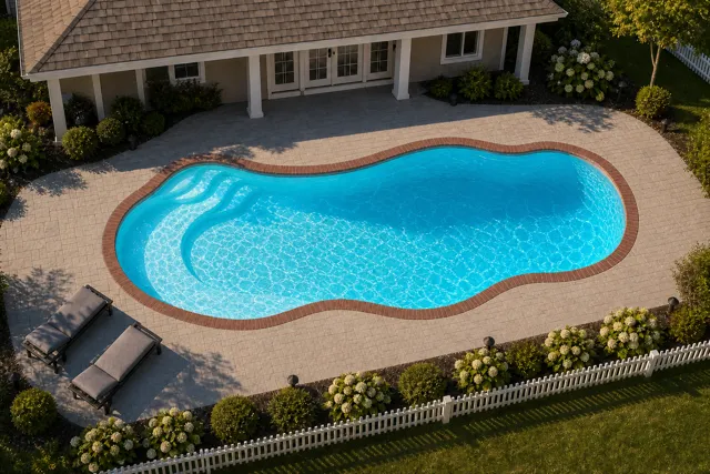 Daytime render of the The Fantasy 26 fiberglass pool with brick coping and a Coral Blue interior, seen from above at an angle.