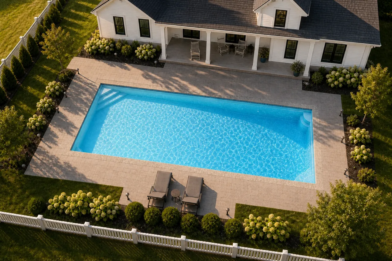 Daytime render of the Monolith 1640 fiberglass pool with stone coping and a Caribbean Sparkle interior, seen from above at an angle.